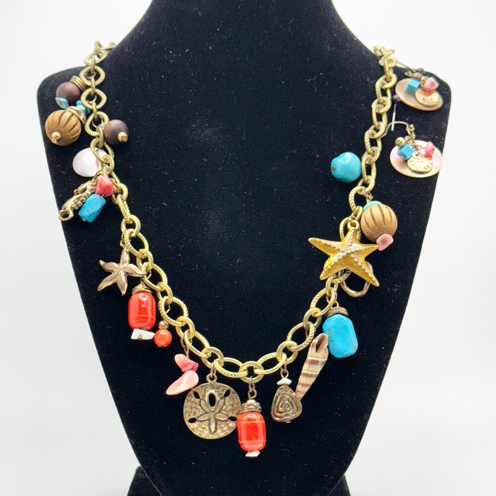 Antique Gold Tone Charm Necklace Earrings Set Ocean Turquoise Coral Seashell EUC